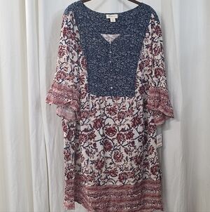 0x 2x 3x Style Co Crinkle Floral Navy Red Gauze Boho Midi Kaftan Shirt Dress